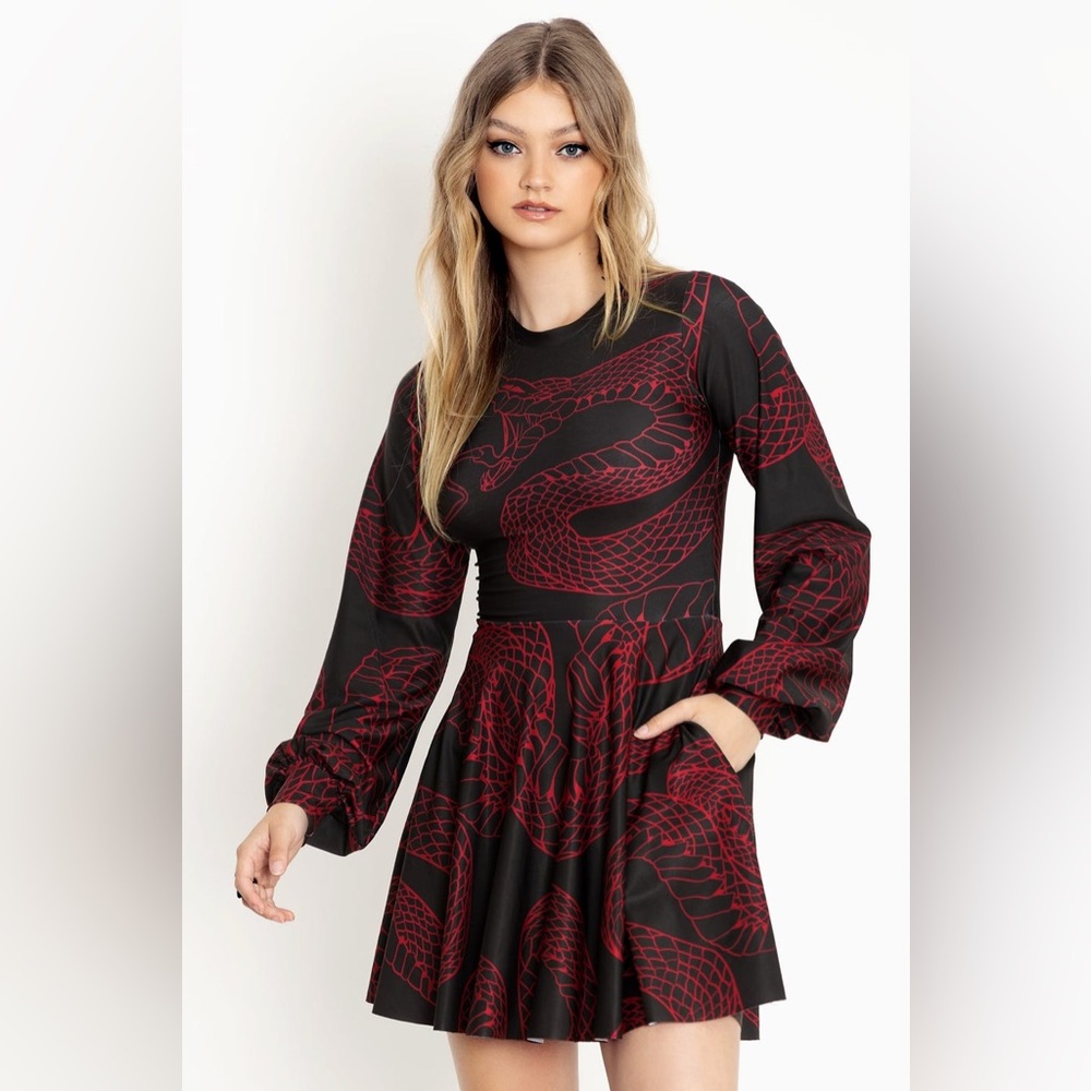 Blackmilk Black & Red Long-Sleeve Skater Midi Dress - Picture 2 of 8